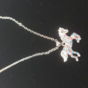 Horse Pendant necklace w colorful rhinestones & silvertone chain NWT